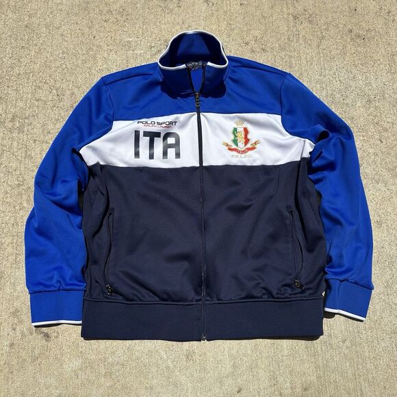 Polo Sport Jacket Mens XL Ralph Lauren Blue White Italia Track Italy Crest Lion - Picture 1 of 6